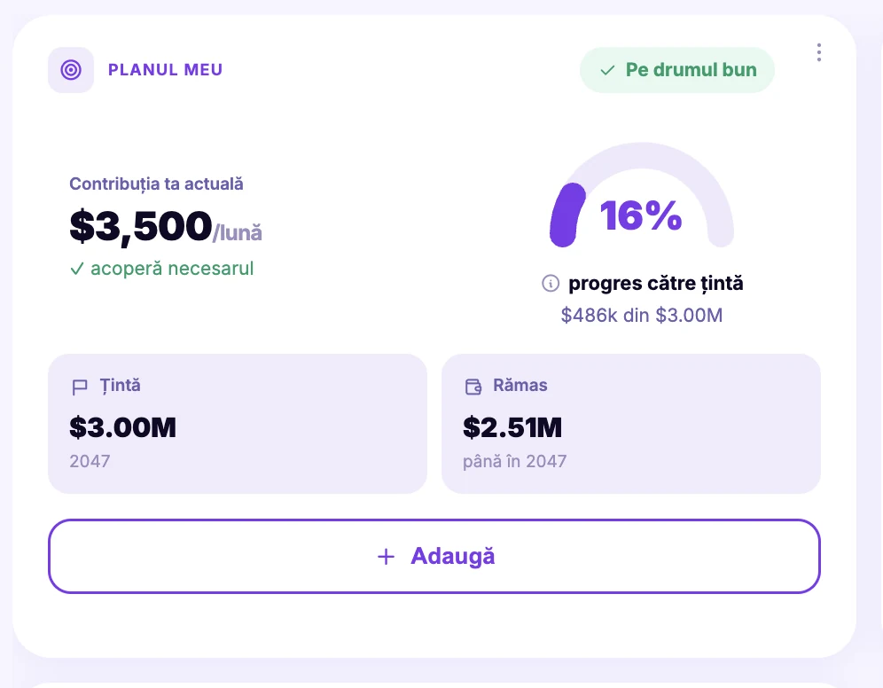 Cardul Planul meu din aplicația Orizont, cu progresul către țintă și contribuția lunară